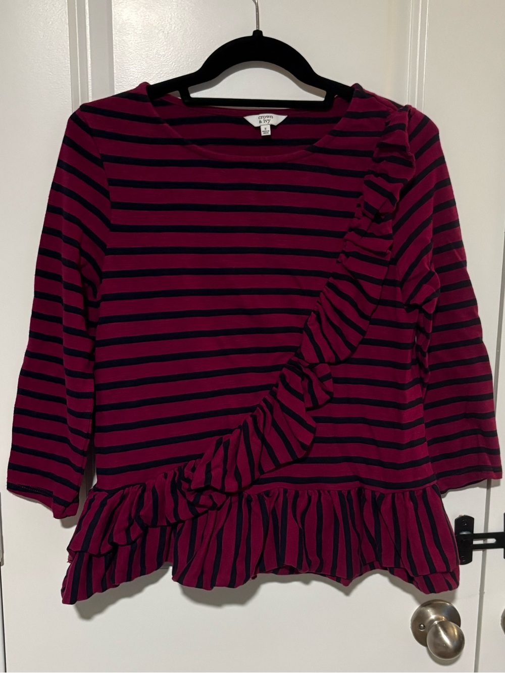Crown & Ivy Magenta Navy Striped Ruffle Hem Top Size S